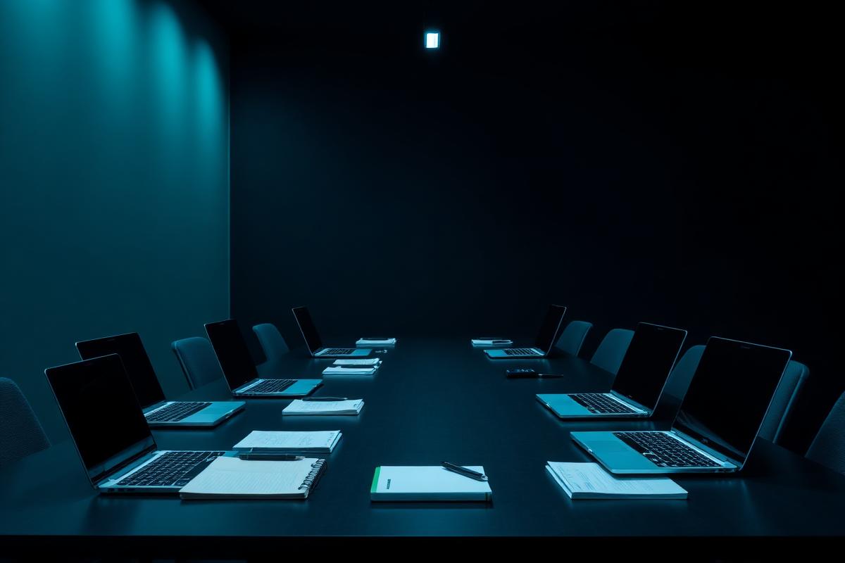 Meeting room table prepared with laptops and notebooks